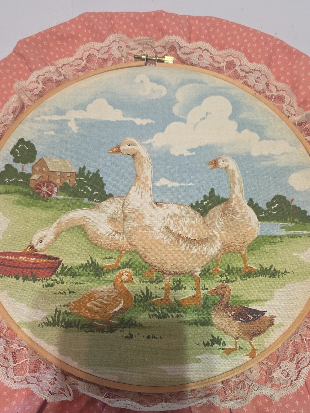 Vintage Embroidery Hoop Wall Art Geese Goslings Pink Lace Granny Cottagecore - Picture 2 of 5